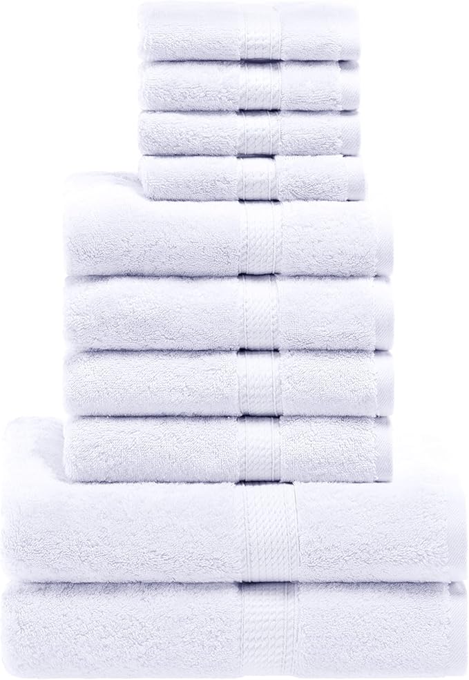 SUPERIOR Egyptian Cotton Pile 10 Piece Towel Set, Includes 2 Bath, 4 Hand, 4 Face Towels/Washcloths, Ultra Soft Luxury Towels, Thick Plush Essentials, Guest Bath, Spa, Hotel Bathroom, White