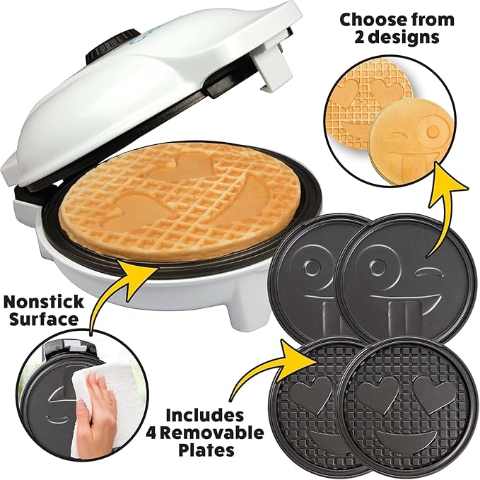 Emoji Smiley Face Waffle & Pancake Maker w 2 Removable Plate Sets- Fun Breakfast Maker for Kids & Families, Cute Nonstick Novelty Waffler for Easy Homemade Waffles- Gift for Birthday, Brunch, Everyday