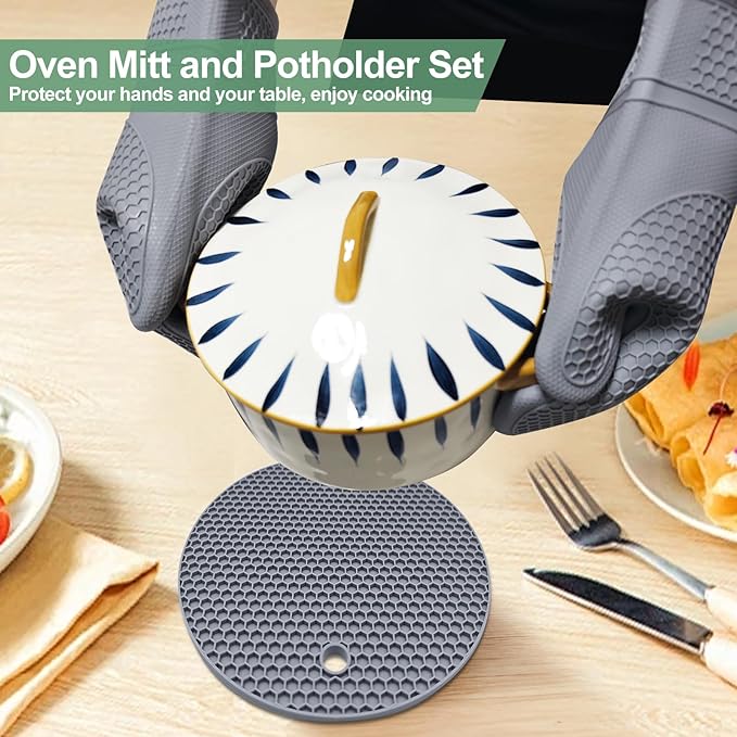 3PCS Silicone Oven Mitts and Pot Holders Sets for Kitchen, Oven Gloves Heat Resistant 500°F, Non-Slip Silicone Potholder 7.1”, Thick Oven Mitts & Thick Hot Pads Protection for Cooking, Grey