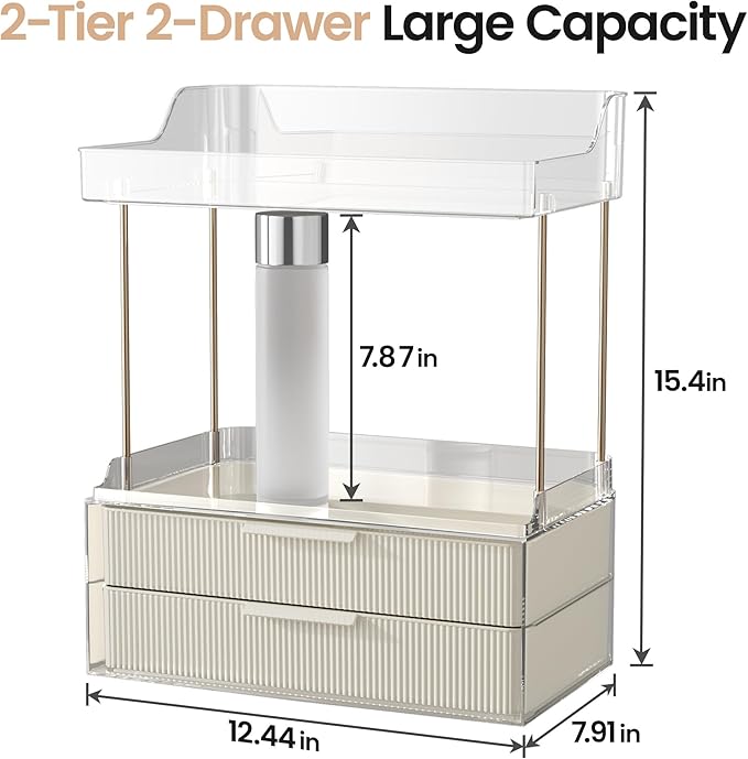 Delamu Bathroom Organizers and Storage, 2 Tier 2 Drawer Makeup Organizer Countertop, Easy to Install, Ideal for Bathroom Counter, Vanity, Ideal for Women Girls, Cream White