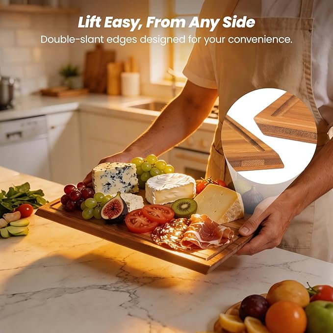 Bamboo Cutting Board Set of 3, Durable Wooden Chopping Boards with Distinctive Stand & Juice Grooves, Ideal for Meat, Vegetables, Fruit, Charcuterie Prep & Serving, Kitchen Essentials, Gifts for Mom