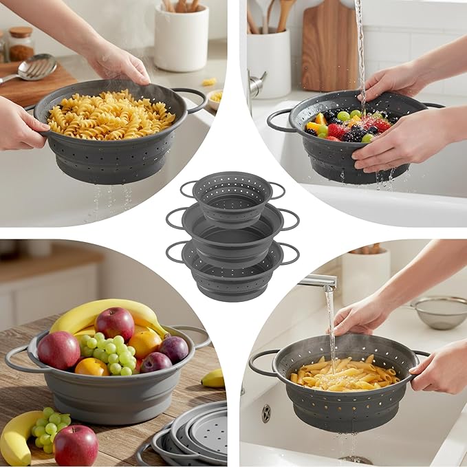 3 Pack Collapsible Colander with Strainer Bowl Set, 11 & 13 In BPA-Free Silicone Colanders for Kitchen, Heat-Resistant Space-Saving Strainer Dishwasher Safe Baskets for Vegetable Fruits(Grey)