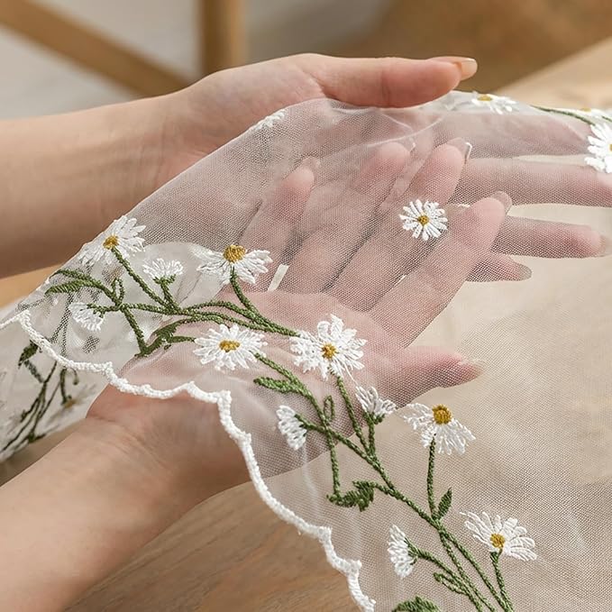 Artoid Mode Daisy Floral Milky White Shaped Gauze Embroidery Table Runner 120 Inch 10FT, Tulle Spring Summer Kitchen Dining Table Decor for Home Party