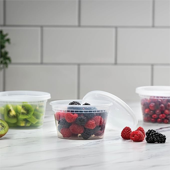 Stack Man 12 oz Deli Containers with Lids (48 Sets) – Clear Plastic Food Storage Containers, Airtight Leak-Resistant Seal, BPA-Free, Microwave & Freezer Safe, Meal Prep Sides Soup Takeout To-Go
