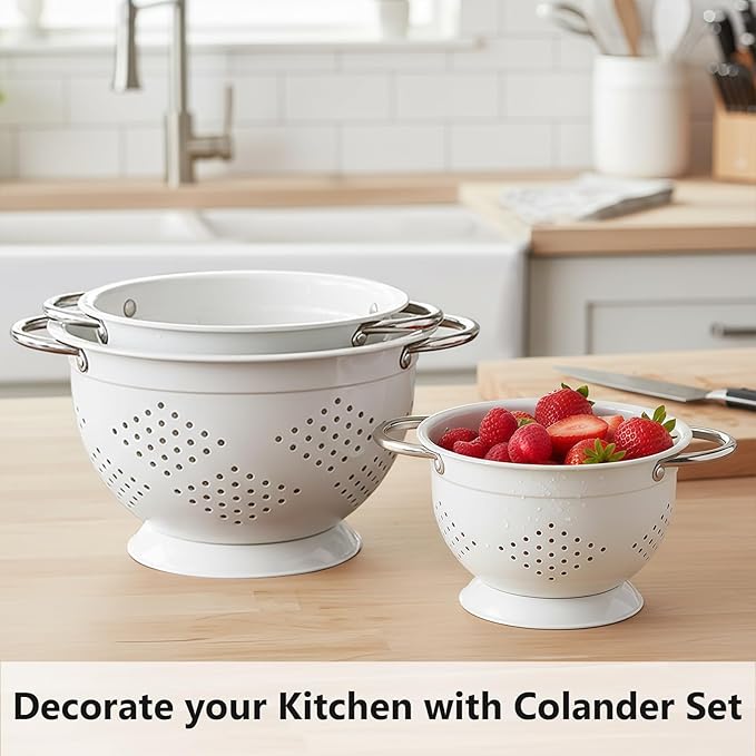 Hillbond Colander Set for Kitchen, 1.5, 3, 5 Qt Stainless Steel Handle Food Strainers and Colanders for Pasta, Vegetables, and Fruits, Coated Metal Kitchen Essential Colanders