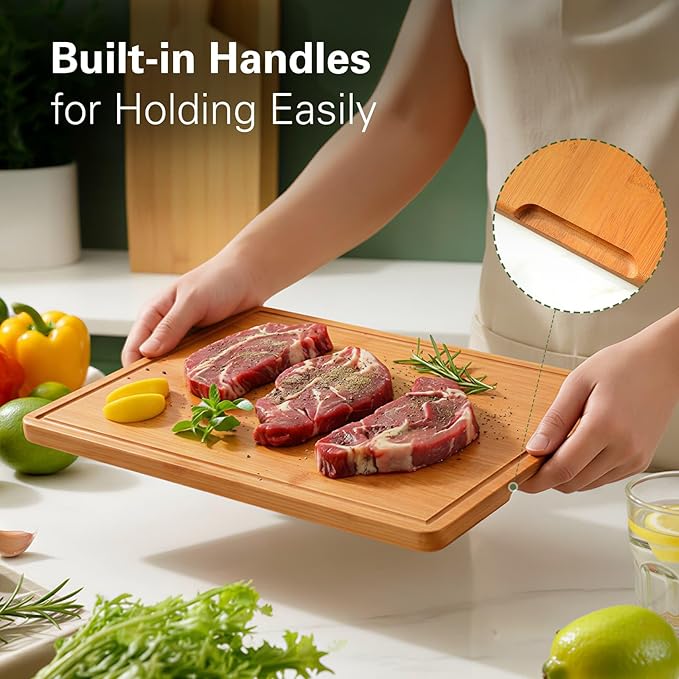 Zarler Bamboo Cutting Boards for Kitchen, 4 Piece Durable Wood Cutting Board with Juice Grooves and Handles, Wooden Chopping Board Set for Meal Prep, 500℉ Carbonized Bamboo, Ideal Kitchen Gift