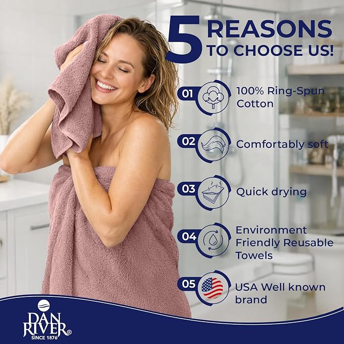 DAN RIVER 8 PC Luxury Bath Towels for Bathroom, 2 Bath, 2 Hand, and 4 Wash Cloths, 600 GSM 100% Ring Spun Cotton Towel Set, Highly Absorbent, Gym, Hotel, and Spa, Dusty Rose