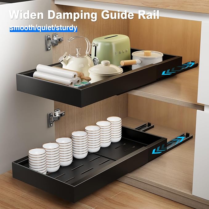 Mustorn 2 Pack Pull Out Cabinet Organizer,21.8" Deep Slide Out Drawer for Cabinets Adhesive Pull Out Drawers Heavy Duty Pull Out Shelves for Kitchen,Cupboard,Pantry,Bathroom-Black