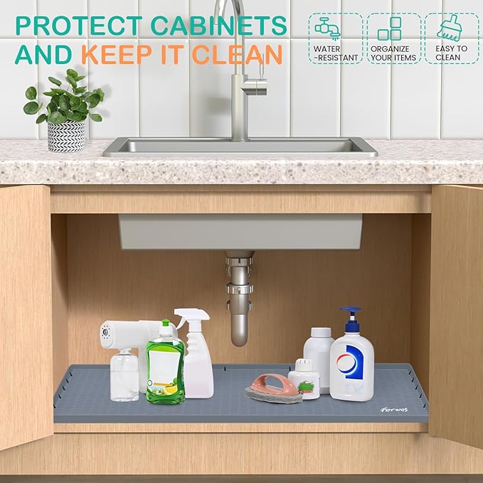 Waterproof Under Sink Mat 22" x 19", Silicone Cabinet Liner, Rubber Protector for Kitchen and Bathroom, Keeps Cabinets Clean, Dry, and Organized (Grey)