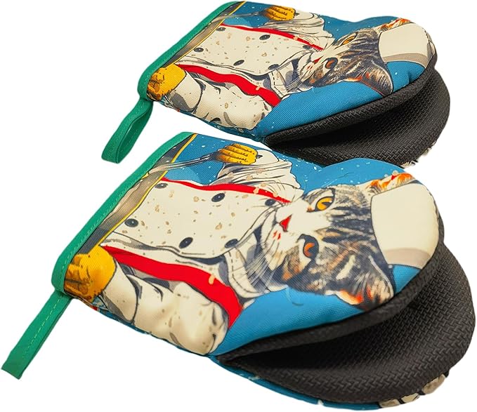 Cat Chef Oven Mitts, High Heat Resistant Kitchen Oven Gloves, Mini Silicone Oven Mitts, Non-Slip Grip Surfaces and Hanging Loop for Grilling, Baking, Cooking and Microwave, Gift