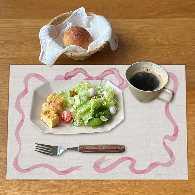 Pink Bow Linen Placemats Set of 4, Wedding Waterproof Washable Heat Resistant Place Mats 12x18 Inch, Table Mat for Restaurant Outdoor Indoor Home Kitchen Party Dining Decoration-10