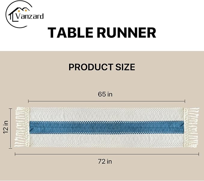 Blue Boho Table Runner for Home Decor with Tassels 72 Inches Farmhouse Rustic Table Runner Macrame Burlap Table Decoration for Living Room Bridal Shower(12x72 Inches, Fringe Included)