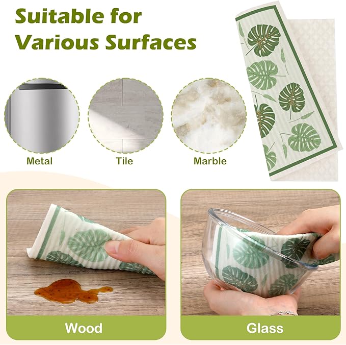 6 Packs Swedish Paper Cloths for Kitchen, Reusable Paper Towels Washable Dish Rags, Highly Absorbent Kitchen Towels Quick Drying Swedish Sponge Cleaning Dish Cloths(Green Plant Leaves)