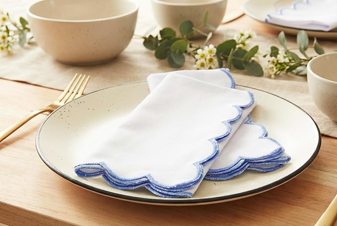 PurpleEssences Scalloped Embroidery Cloth Napkins - Spring Easter Summer - Table Decor - 100% Cotton - Set of 4-18x18 inch - White - Edges - Light Blue