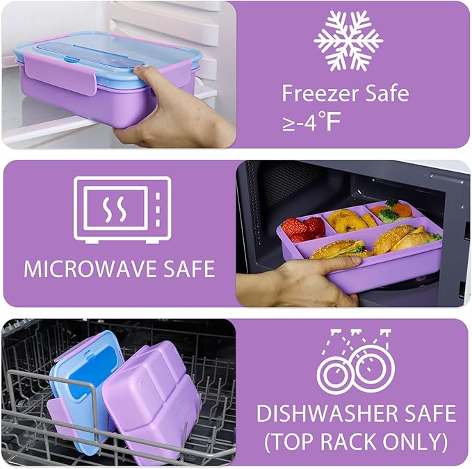 Caperci Bento Box for Kids - 50oz Larger Lunch Box Containers for Kids, Reinforced Leakproof, Built-in Sauce Cup, Utensils, 4 Compartments, BPA-Free Microwave & Dishwasher Safe (Lavender Pop)