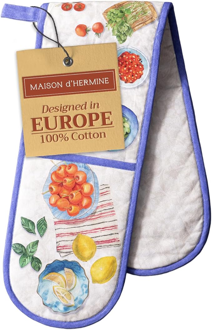 Maison d' Hermine Double Oven Mitts 100% Cotton 7"x35" Double Oven Mitt Heat Resistant BBQ Cooking Gloves with Loop Baking Grilling Gifts for Mothers Day Spring Summer (Gourmand)