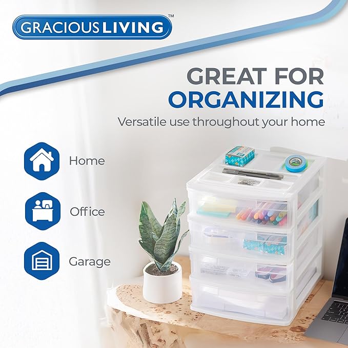 Gracious Living Drawer Organizer, 4-Tier Plastic Storage Desktop Drawers, White Frame - Desk Containers for Bathroom, Bedroom, Office, and Classroom Organization