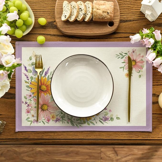 Artoid Mode Purple Sunflowers Butterfly Spring Placemats Set of 4, 12x18 Inch Seasonal Summer Holiday Table Mats for Party Kitchen Dining Decoration