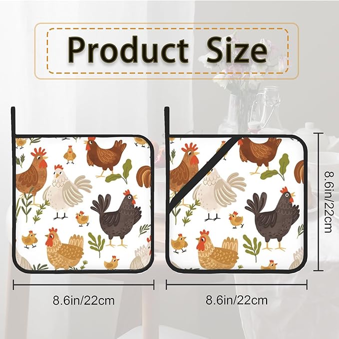 Cute Roosters Pot Holder Set of 2,Heat Resistant Potholders Oven Hot Pads for Kitchen Cooking Baking BBQ