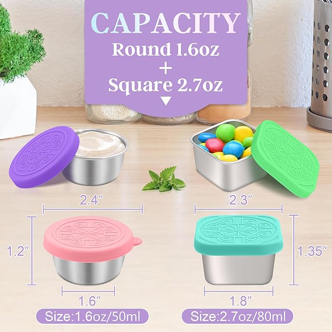 Qukaka 6 PCS Salad Dressing Container to Go,Handy Leakproof Stainless Steel Meal Prep Containers Reusable,Sauce Containers for Lunch Box, Picnics, Travel, Office and Kitchen Storage-1.6oz+2.7oz