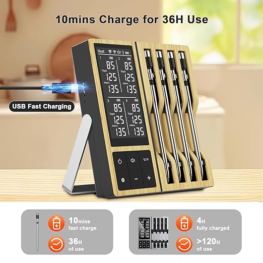 Smart Wireless Meat Thermometer with 4 Probes & 800ft Range, Bluetooth Grill Food Thermometer, Digital Backlit Screen, 0.5S Instant Read, NIST ±0.5℉ Accuracy for Kitchen BBQ, Oven, Smoker, Air Fryer