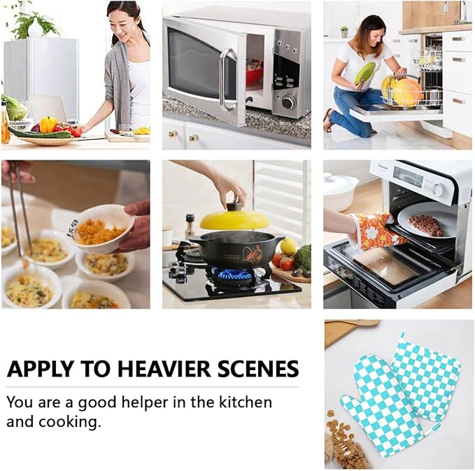 Turquoise Teal Checkered Oven Mitts and Pot Holders Sets of 4, Heat Resistant Silicone Oven Mittens and Potholders Gloves Hot Pads for Kitchen Cooking Baking Grilling BBQ Chef