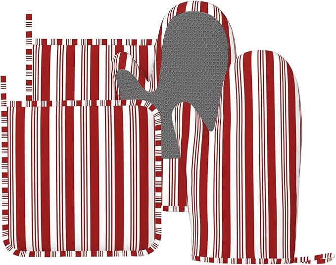 Abstract Red and White Striped Oven Mitts and Pot Holders Set, 4pcs Candy Cane Pattern Christmas Silicone Oven Glove for Kitchen Heat Resistant Oven Mitts and Potholders Non-Slip for Cooking