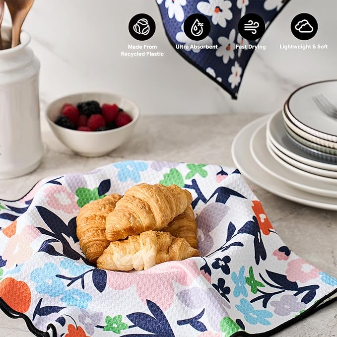 RECYCO Waffle Kitchen Towel Set of 2 - Quick Dry Microfiber Sustainable Dish Towels - Ultra Absorbent Reusable Cleaning Tea Towels - Lightweight Hand Towels,16”x 28”, Whimsy Petals