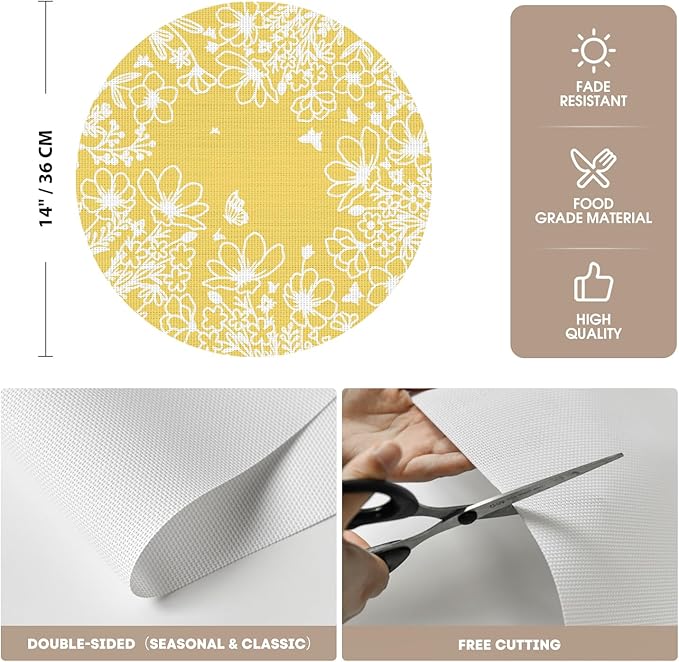 Artoid Mode Spring Leaves Yellow Vinyl Round Placemats Set of 4, 14 Inch Washable Non-Slip Woven Plastic Table Mats for Party Kitchen Dining Decor