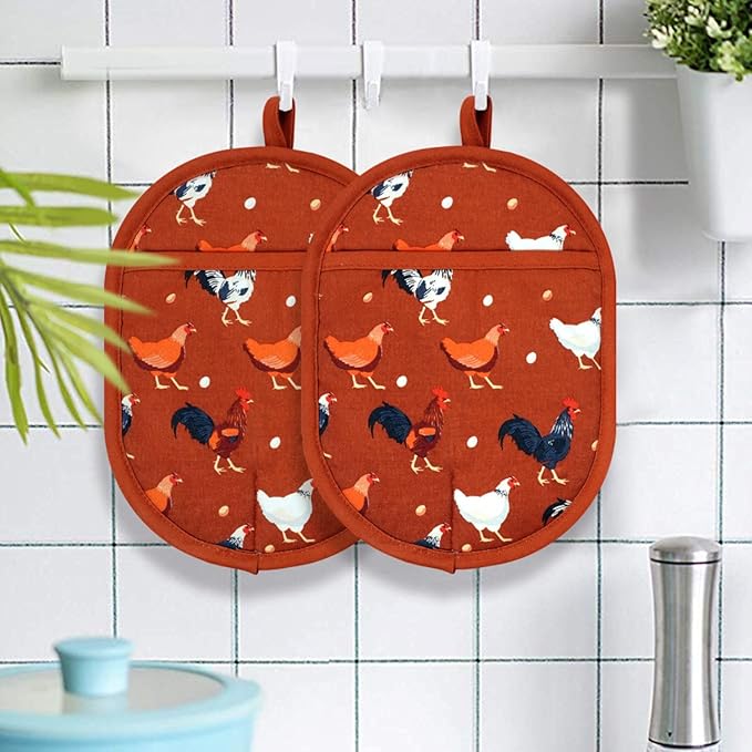 Pot Holders Set of 2 with Transparent Clear Silicone Shell and Nice Dog Flower Cotton Lining, Heat Resistant to 500 F Kitchen Oven Gloves Pot Holder for Cooking (Rooster, Potholders)