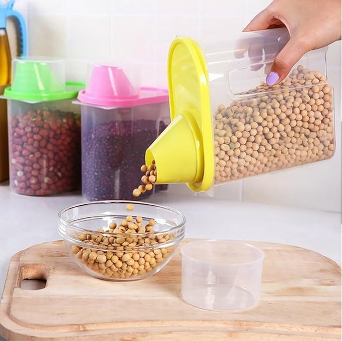 Basicwise 1.9 Liters Set of 3 Small Airtight Food Storage Containers with Pouring Spout and Measuring Cup Lid for Flour Sugar Cereal Rice Pantry Staples & Baking Ingredients in Green Pink and Yellow