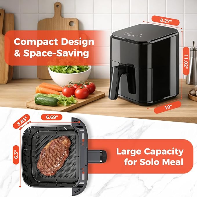 NEWBULIG Air Fryer, Compact Digital 3 Qt Airfryer with Nonstick Plate & Dishwasher Safe Basket, Quick Easy Meals, Features Auto Shutoff and Simple Touchscreen, Ideal for Small Spaces