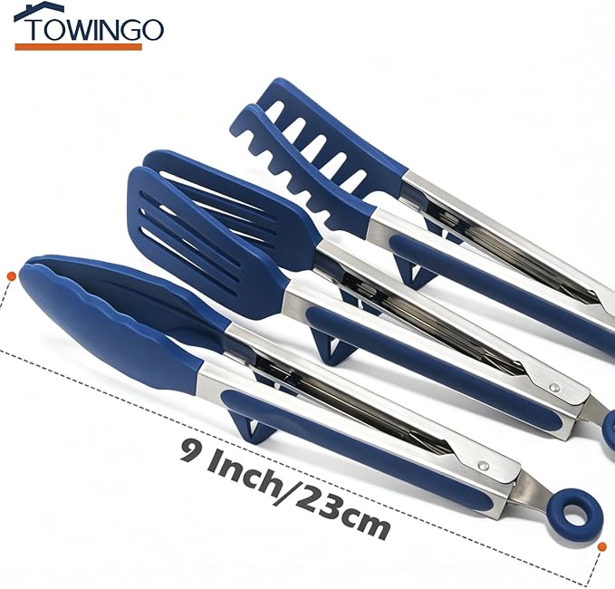 Kitchen Tongs, 9 Inch Tongs for Cooking with Silicone Tips, Food Grade Small Silicone Tongs, Mini Serving Tongs for Nonstick Pans, BBQ, Salad, Set of 3, Blue
