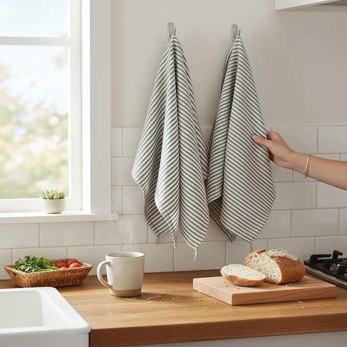 Eight Owls Stonewashed Linen Kitchen Dish Towels - 20 x 27 inch – 100% Pure Linen Tea Towel/Hand Towel - Set of 2 (Gray Stripe)