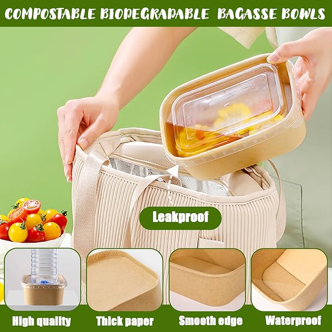 TINSKY 50 Pack 32 Oz Large Paper Bowls with Lids and Forks, Cardboard Take Out To Go Meal Prep Containers Disposable Compostable Food Containers for Party