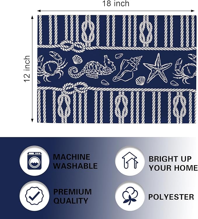 Navy Blue Nautical Placemats Set of 4, Coastal Ropes Starfish Crab Seahorse Sea Shell Conch Dining Place Mats Table Decor, Ocean Marine Life Lake Beach House Home Kitchen Decoration 12''x18''