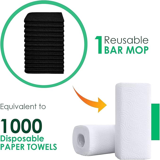 ZUPERIA Bar Mop Kitchen Towels - Pack of 12 (16"x19”) 100% Ring Spun Cotton - Dish Washcloths For Superb Cleaning and Less Lint - Highly Absorbent Dish Cloths and Dish Towels For Everyday use (Black)