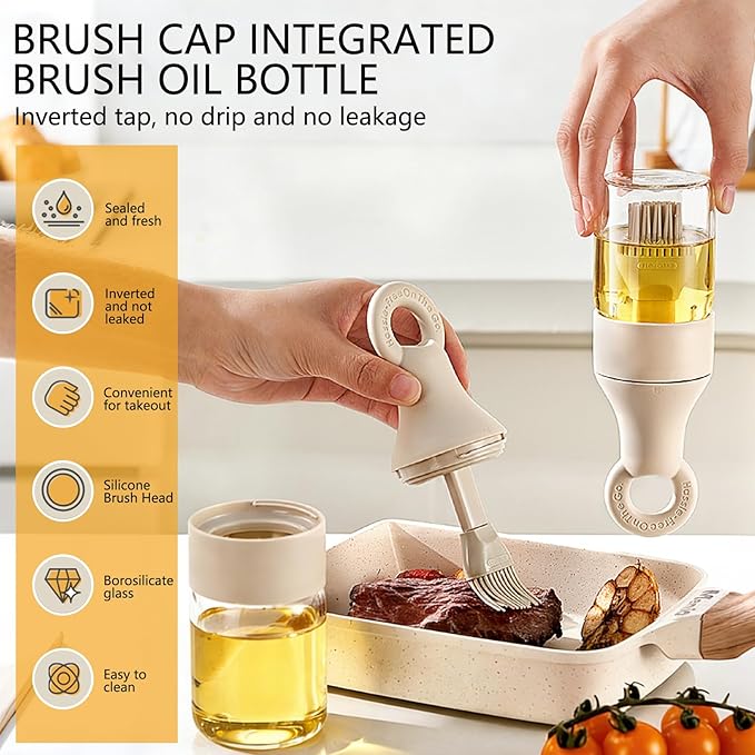 2 in 1 Oil Dispenser Bottle with Silicone Brush - 150ml/5.07oz Borosilicate Glass Basting Brush for BBQ, Grilling, Easy Kitchen & Outdoor Cooking