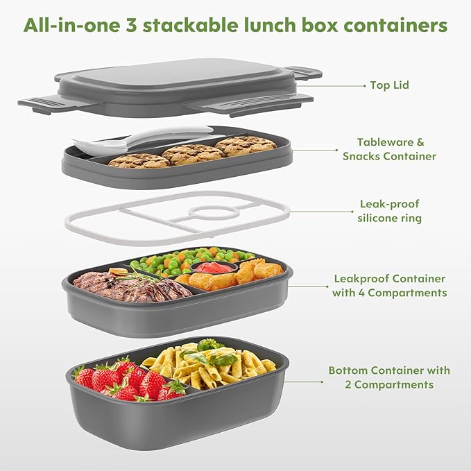 HOMETALL Bento Box Adult Lunch Box,3 Stackable Bento Lunch Containers for Adults/Kids, Modern Minimalist Design Bento Box with Utensil Set, Leak-Proof Lunchbox for Dining Out, Work, Picnic, School