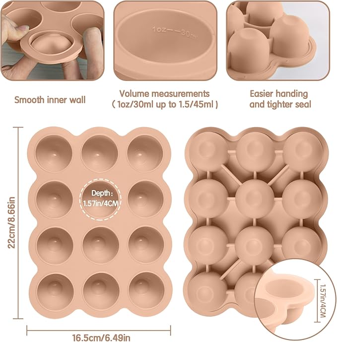 Baby Food Storage Containers 12 x 1.5OZ Silicone Freezer Tray with Lid, Food Grade Silicone Freezer Tray Containers for Purees & Vegetables Light Brown