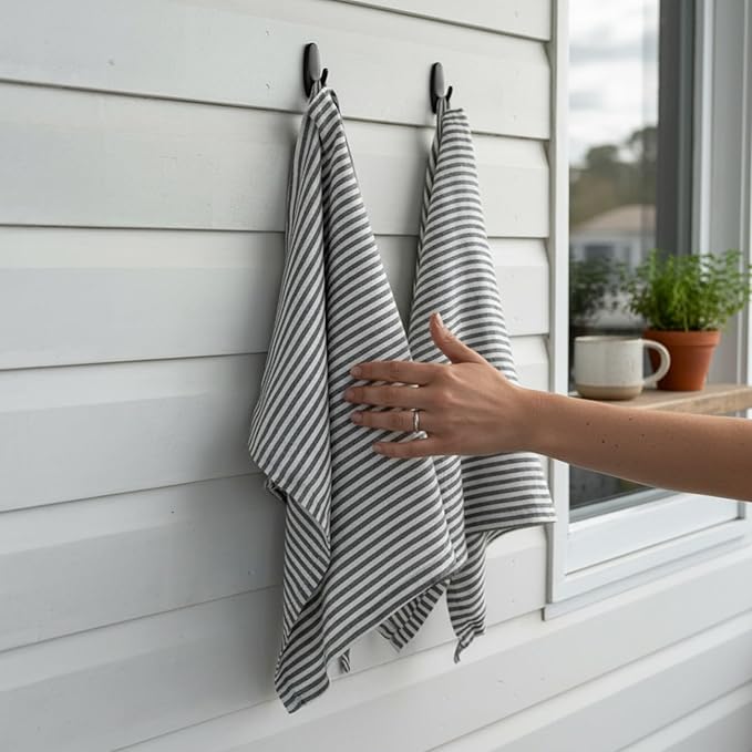 Eight Owls Stonewashed Linen Kitchen Dish Towels - 20 x 27 inch – 100% Pure Linen Tea Towel/Hand Towel - Set of 2 (Charcoal Stripe)