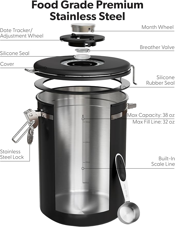 Veken Large Coffee Canister with Window, Rice Kitchen Food Storage Airtight Stainless Steel Container with Lids, Date Tracker and Scoop, Grounds, Beans, Tea, Flour, Cereal, Sugar Jars, 38oz, Black