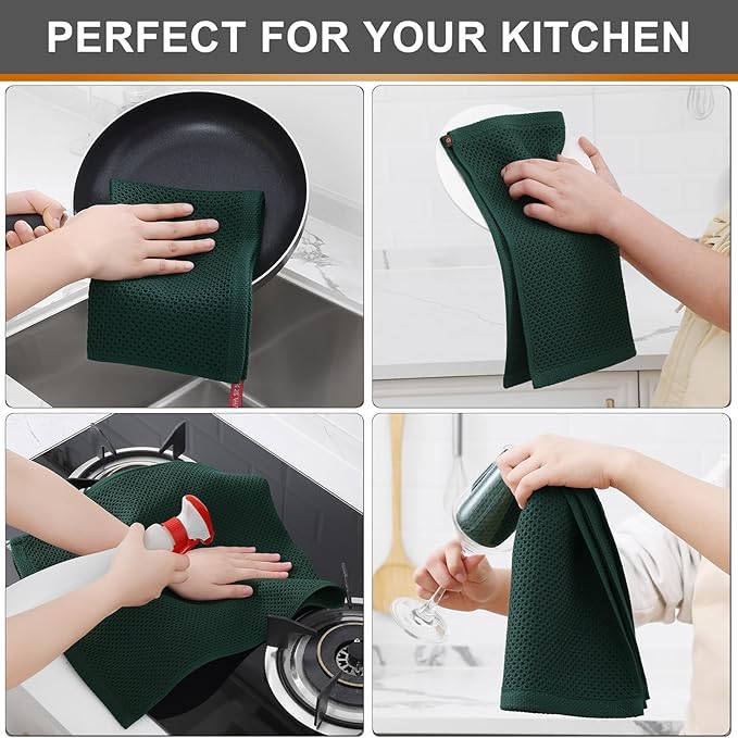 Kitinjoy 100% Cotton Waffle Weave Kitchen Hand Towels (13 X 28 Inches, Blackish Green), 12-Pack Super Soft and Absorbent Dish Towel for Drying Dishes