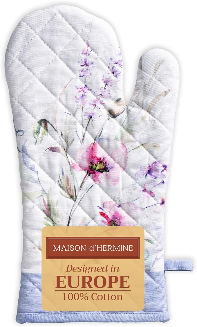 Maison d'Hermine Oven Gloves 100% Cotton Oven Mitt 7" x 13" with Loop Heat Resistant BBQ Cooking Gloves Baking Grilling Gifts for Mothers Day Spring/Summer (Pack of 1, Summer Floral)