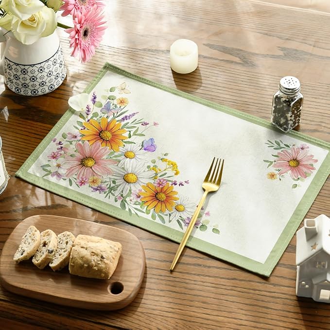 Artoid Mode Green Sunflowers Butterfly Spring Placemats Set of 4, 12x18 Inch Seasonal Summer Holiday Table Mats for Party Kitchen Dining Decoration