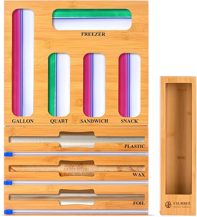 Calmbee 9 in 1 Bamboo Storage Bag Organizer for Kitchen Drawer – Plastic Wrap Dispenser with Cutter & Foil Organizer, Wooden Baggie Organizer for Sandwich, Snack, Gallon, Quart Sizes, Natural