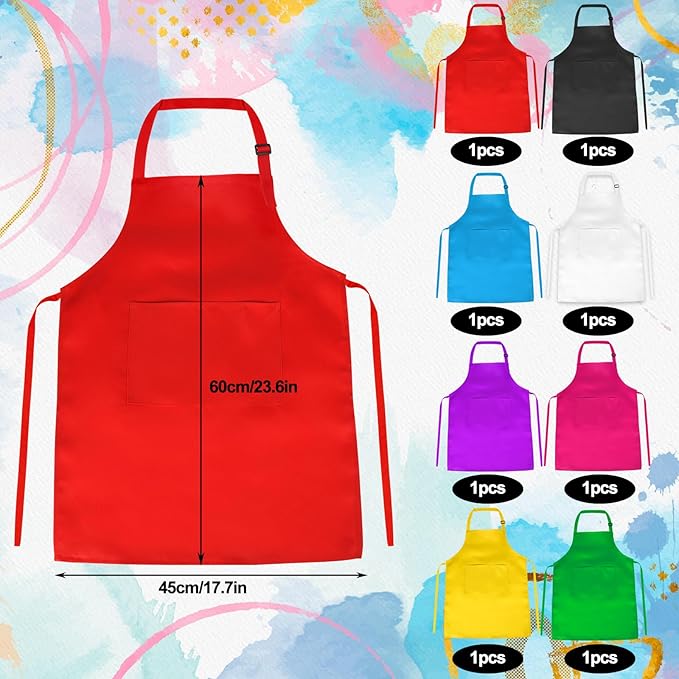 PLULON 8 Pcs Kids Aprons with 2 Pockets Painting Aprons for Kids Aprons Bulk, Paint Apron Adjustable Children Chef Aprons for Girls Boys Painting Baking Cooking Crafting - 8 Colors