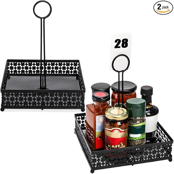 ZAVOOS 2 Pack Condiment Caddy, Metal Square Table Caddies Collection Spice Organizer with Number Card Holder for Kitchen Cabinet, Floral Decor Seasoning Sauce Holder for Outdoor Grill, Picnic, Party