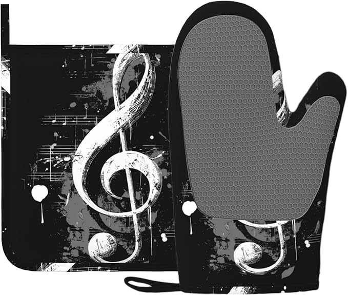 Black Notes Oven Mitts and Pot Holders Sets Non-Slip Silicone Surface for BBQ Gloves,Kitchen,Cooking,Baking,Grilling,BBQ