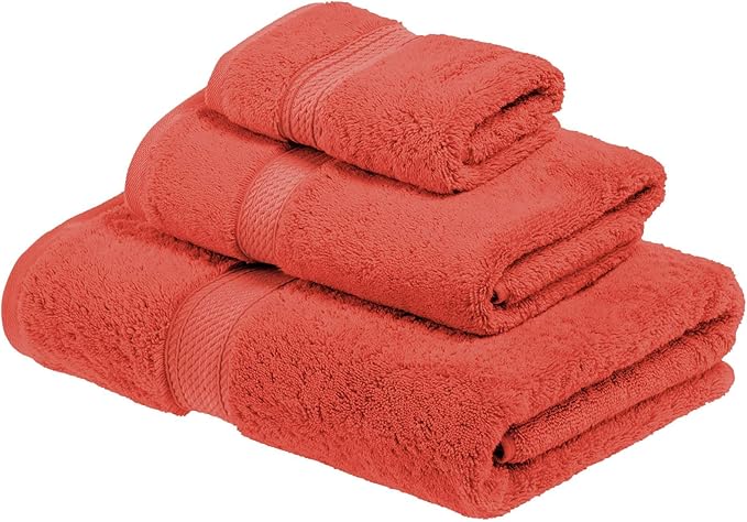 SUPERIOR Egyptian Cotton Pile 3 Piece Towel Set, Includes 1 Bath, 1 Hand, 1 Face Towel/Washcloth, Ultra Soft Luxury Towels, Thick Plush Essentials, Guest Bath, Spa, Hotel Bathroom, Coral